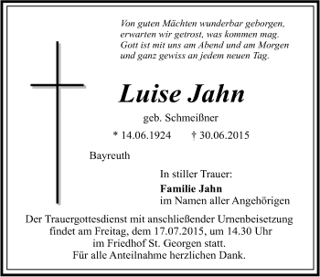 Anzeige von Luise Jahn von Nordbayerischer Kurier