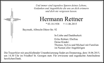Anzeige von Hermann Rettner von Nordbayerischer Kurier
