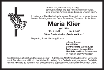 Anzeige von Maria Klier von Nordbayerischer Kurier