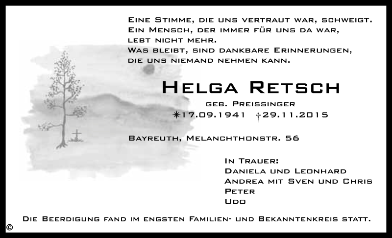  Traueranzeige für Helga Retsch vom 12.12.2015 aus Nordbayerischer Kurier