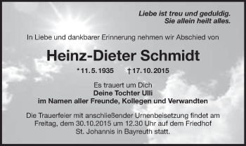 Anzeige von Heinz-Dieter Schmidt von Nordbayerischer Kurier