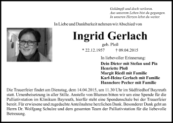 Anzeige von Ingrid Gerlach von Nordbayerischer Kurier