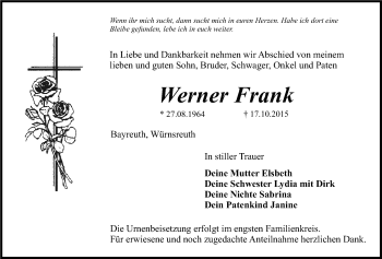Anzeige von Werner Frank von Nordbayerischer Kurier