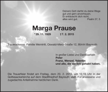 Anzeige von Marga Prause von Nordbayerischer Kurier