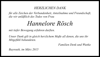 Anzeige von Hannelore Rösch von Nordbayerischer Kurier