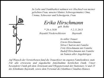 Anzeige von Erika Hirschmann von Nordbayerischer Kurier