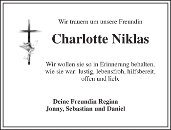 Anzeige von Charlotte Niklas von Nordbayerischer Kurier