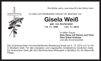 Anzeige von Gisela Weiß von Nordbayerischer Kurier