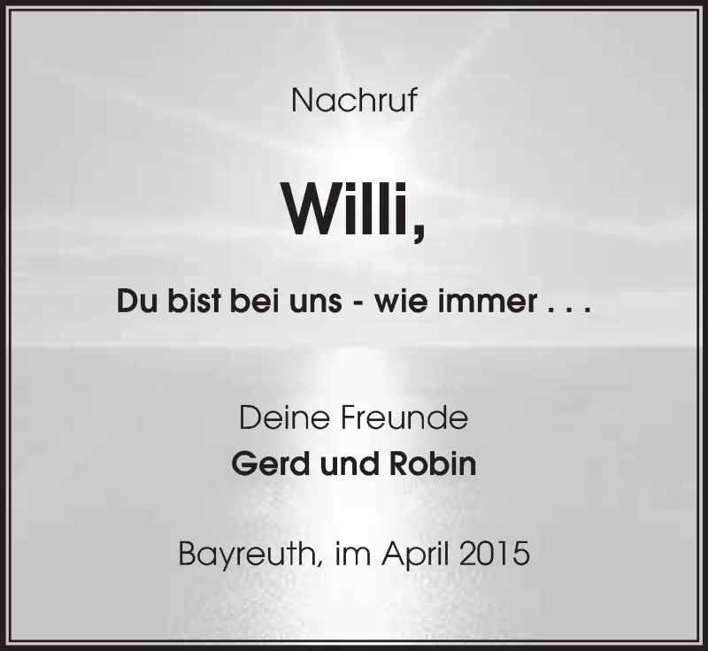  Traueranzeige für Wilfried Dörfler vom 18.04.2015 aus Nordbayerischer Kurier