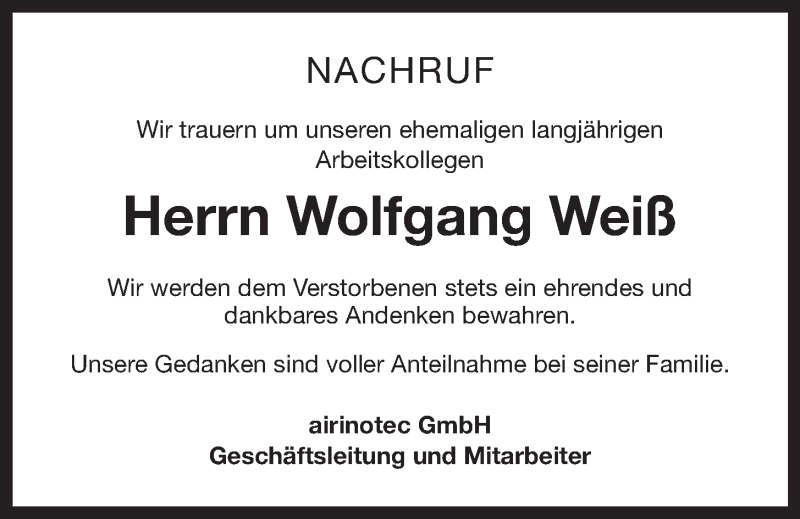  Traueranzeige für Wolfgang Weiß vom 05.09.2015 aus Nordbayerischer Kurier