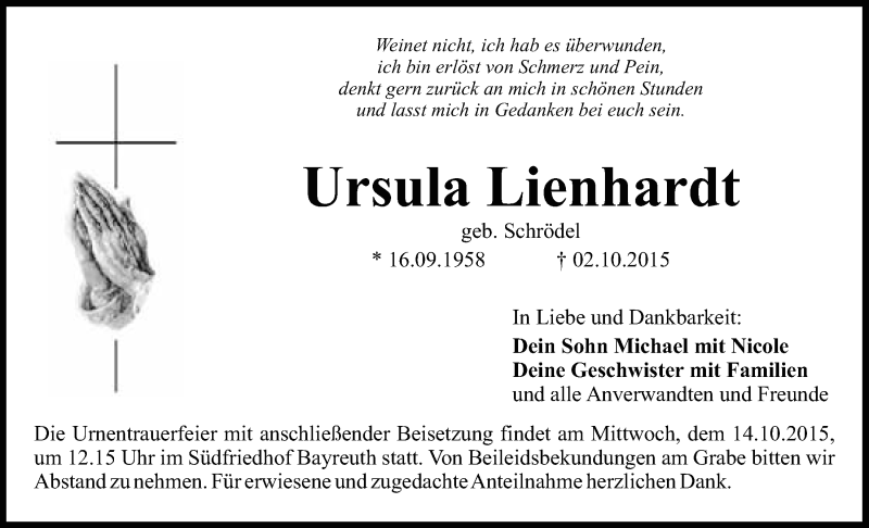  Traueranzeige für Ursula Lienhardt vom 12.10.2015 aus Nordbayerischer Kurier