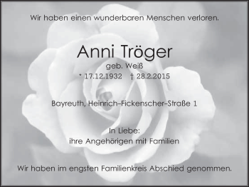 Anzeige von Anni Tröger von Nordbayerischer Kurier