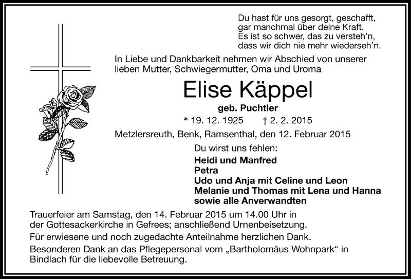  Traueranzeige für Elise Käppel vom 12.02.2015 aus Nordbayerischer Kurier