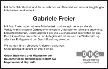 Anzeige von Gabriele Freier von Nordbayerischer Kurier