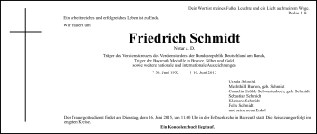 Anzeige von Friedrich Schmidt von Nordbayerischer Kurier