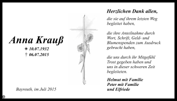 Anzeige von Anna Krauß von Nordbayerischer Kurier