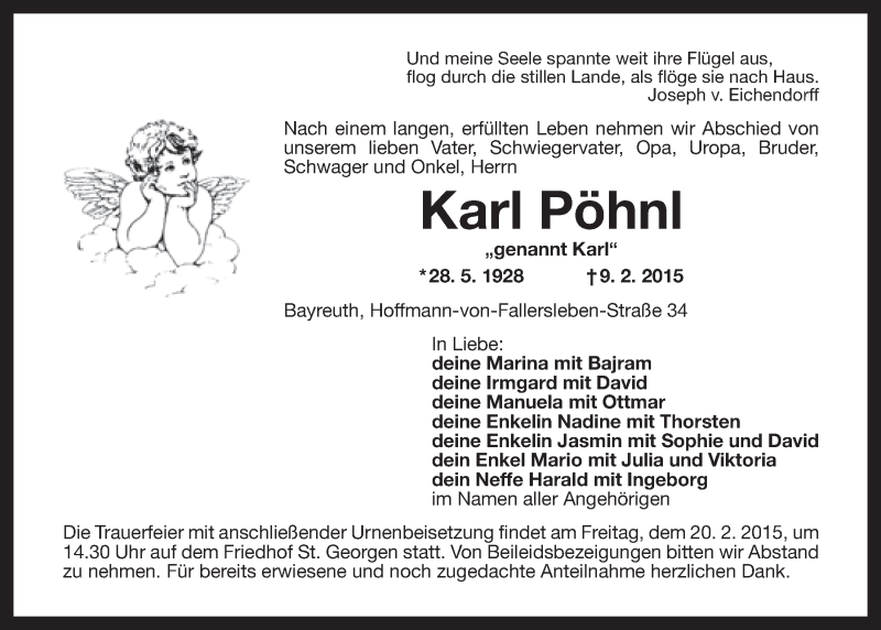  Traueranzeige für Karl Pöhnl vom 14.02.2015 aus Nordbayerischer Kurier