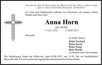 Anzeige von Anna Horn von Nordbayerischer Kurier