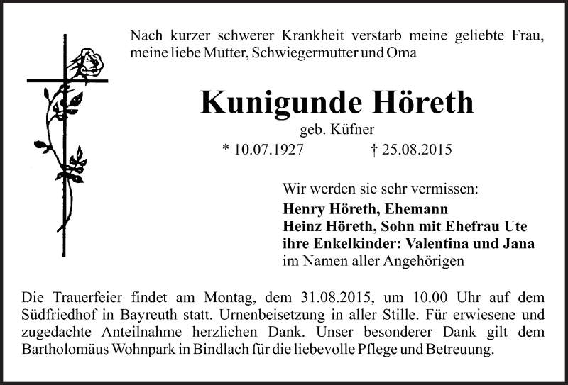 Traueranzeige für Kunigunde Höreth vom 28.08.2015 aus Nordbayerischer Kurier