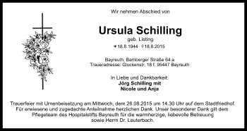 Anzeige von Ursula Schilling von Nordbayerischer Kurier
