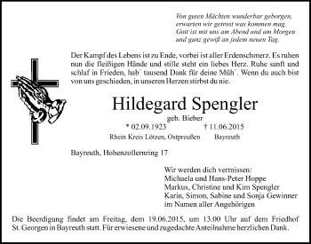 Anzeige von Hildegard Spengler von Nordbayerischer Kurier