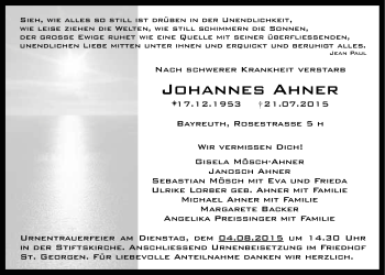 Anzeige von Johannes Ahner von Nordbayerischer Kurier