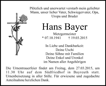 Anzeige von Hans Bayer von Nordbayerischer Kurier