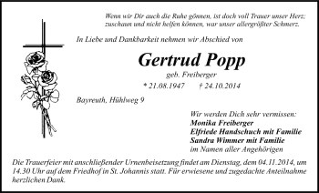 Anzeige von Gertrud Popp von Nordbayerischer Kurier