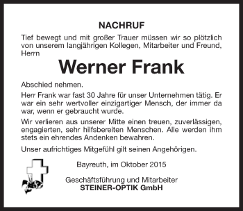Anzeige von Werner Frank von Nordbayerischer Kurier