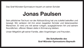 Anzeige von Jonas Paulsen von Nordbayerischer Kurier