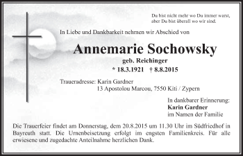 Anzeige von Annemarie Sochowsky von Nordbayerischer Kurier