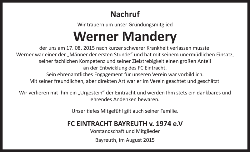  Traueranzeige für Werner Mandery vom 27.08.2015 aus Nordbayerischer Kurier
