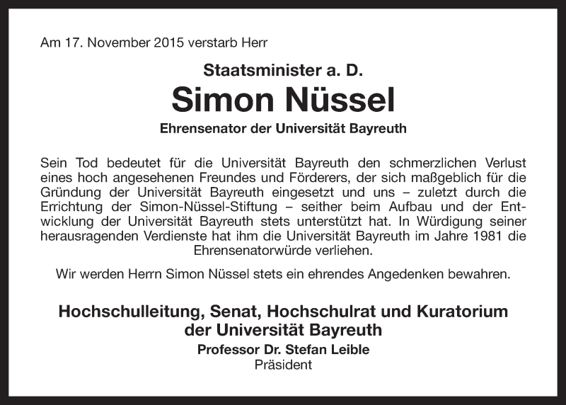  Traueranzeige für Simon Nüssel vom 19.11.2015 aus Nordbayerischer Kurier