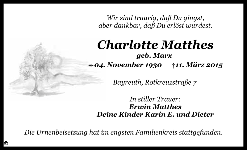  Traueranzeige für Charlotte Matthes vom 25.03.2015 aus Nordbayerischer Kurier