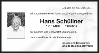 Anzeige von Hans Schüllner von Nordbayerischer Kurier