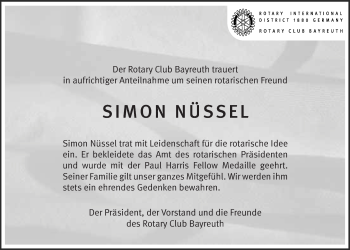 Anzeige von Simon Nüssel von Nordbayerischer Kurier
