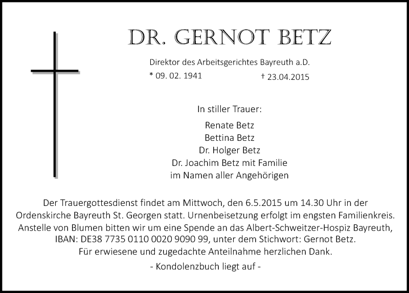  Traueranzeige für Gernot Betz vom 02.05.2015 aus Nordbayerischer Kurier