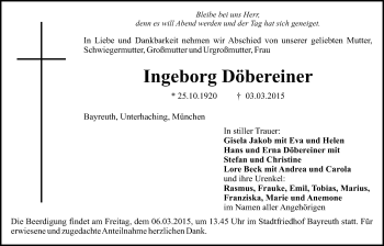 Anzeige von Ingeborg Döbereiner von Nordbayerischer Kurier