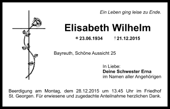 Anzeige von Elisabeth Wilhelm von Nordbayerischer Kurier