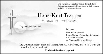 Anzeige von Hans-Kurt Trapper von Nordbayerischer Kurier