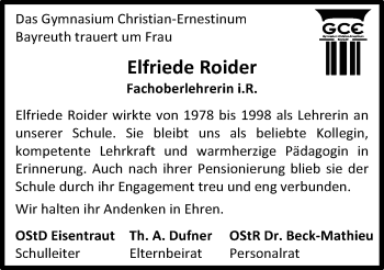 Anzeige von Elfriede Roider von Nordbayerischer Kurier