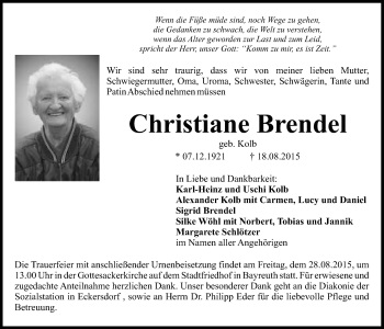Anzeige von Christiane Brendel von Nordbayerischer Kurier