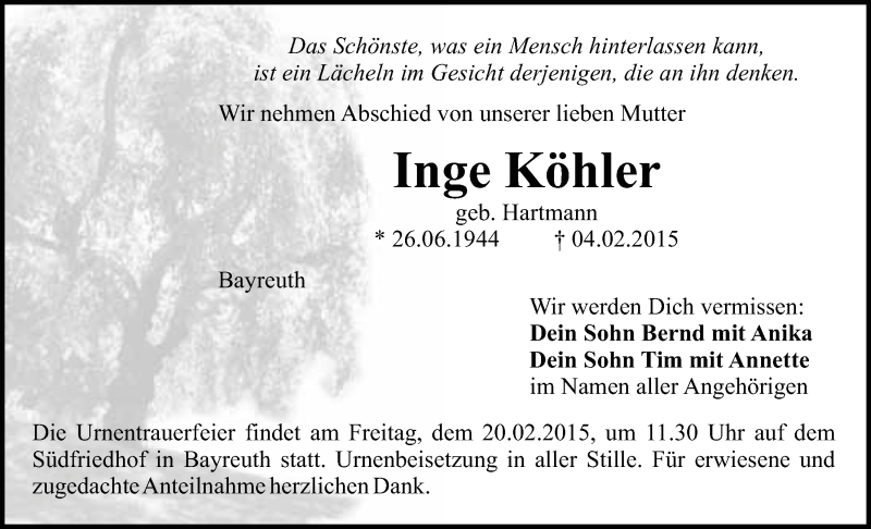  Traueranzeige für Inge Köhler vom 14.02.2015 aus Nordbayerischer Kurier