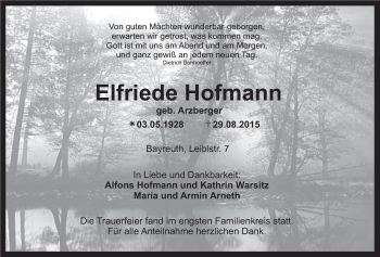Anzeige von Elfriede Hofmann von Nordbayerischer Kurier