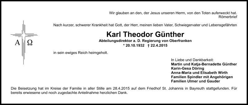  Traueranzeige für Karl Theodor Günther vom 29.04.2015 aus Nordbayerischer Kurier