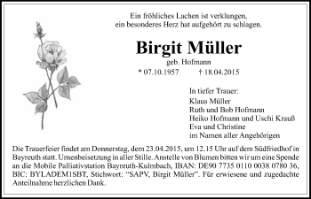 Anzeige von Birgit Müller von Nordbayerischer Kurier