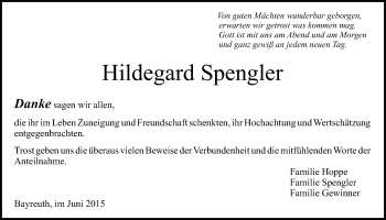 Anzeige von Hildegard Spengler von Nordbayerischer Kurier