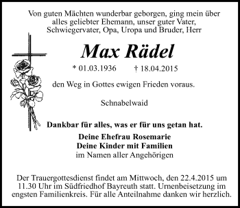 Anzeige von Max Rädel von Nordbayerischer Kurier