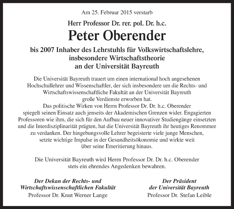  Traueranzeige für Peter Oberender vom 28.02.2015 aus Nordbayerischer Kurier