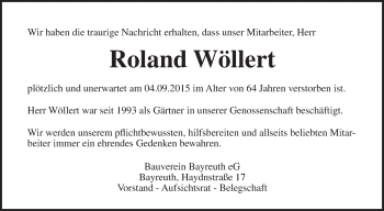 Anzeige von Roland Wöllert von Nordbayerischer Kurier